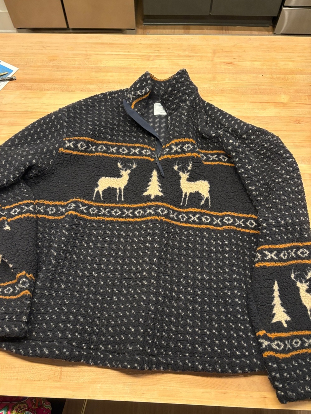 Old Navy navy blue Sherpa Quarter-Zip Sweater with Cream Deer(Christmas holiday)
